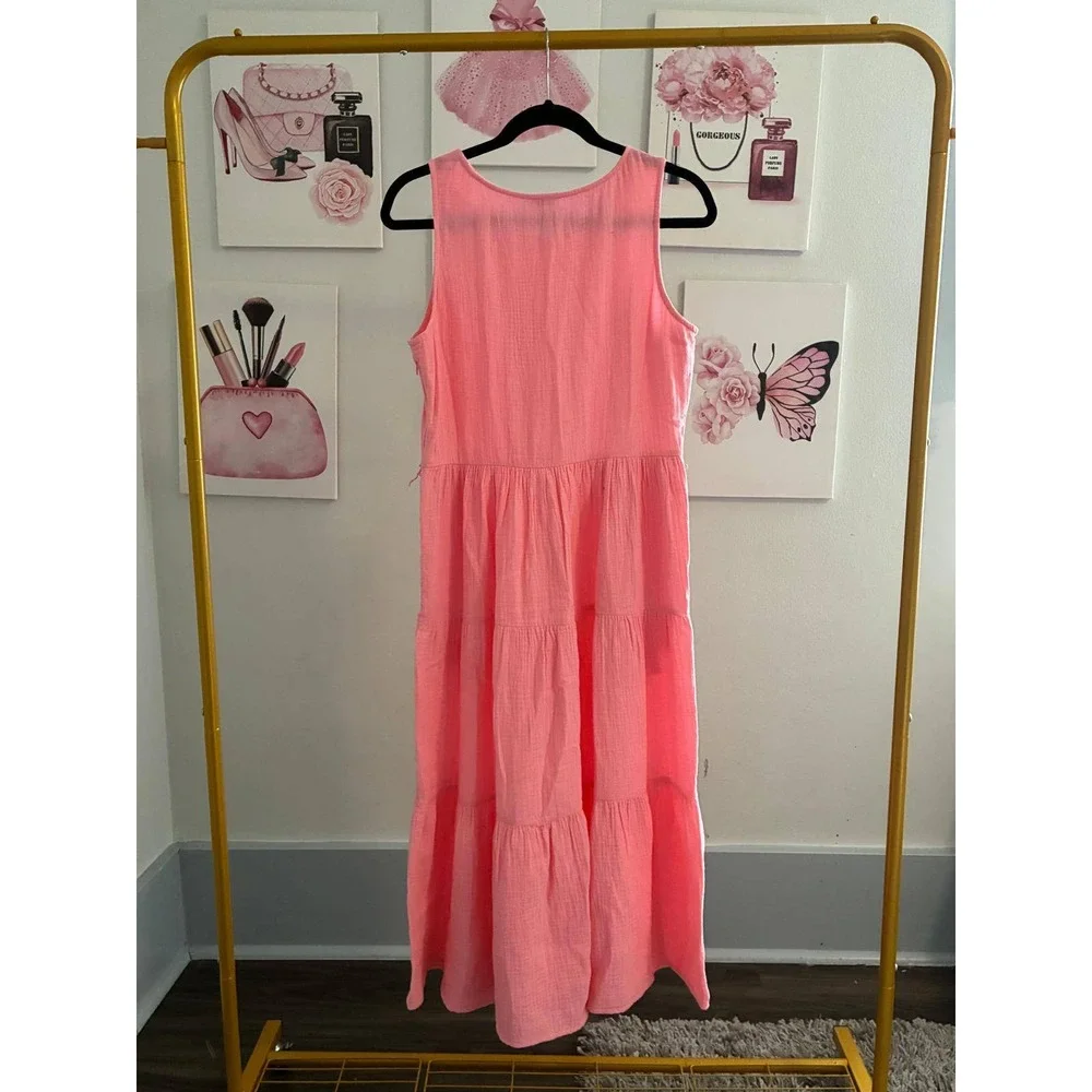 J.Crew Pink Textured Cotton Gauze Tiered Midi Dress with‎ Belt Size 6